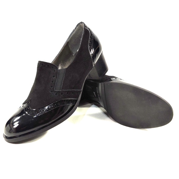 LUIGI TRAINI 🇮🇹 WOMENS BLACK PATENT LEATHER AND SUEDE COMFORT HEELED LOAFERS - Picture 7 of 8